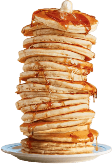 a stack of flapjacks, covered in syrup and butter