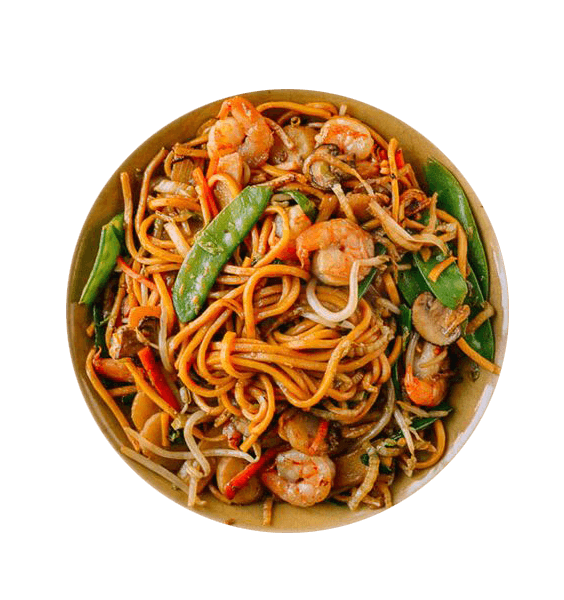 a plate of fried noodles with seafood and green beans